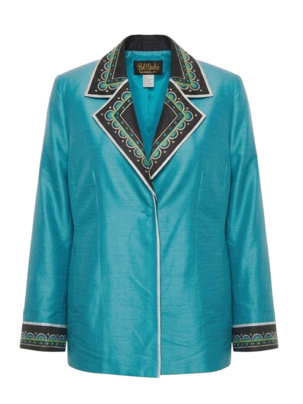 Bob Mackie Wearable Art Teal 100% Silk Embellished Blazer Jacket, Size L Vintage